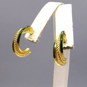 Vintage Enamel Triple Hoop Earrings, Gold Tone and Forest Green